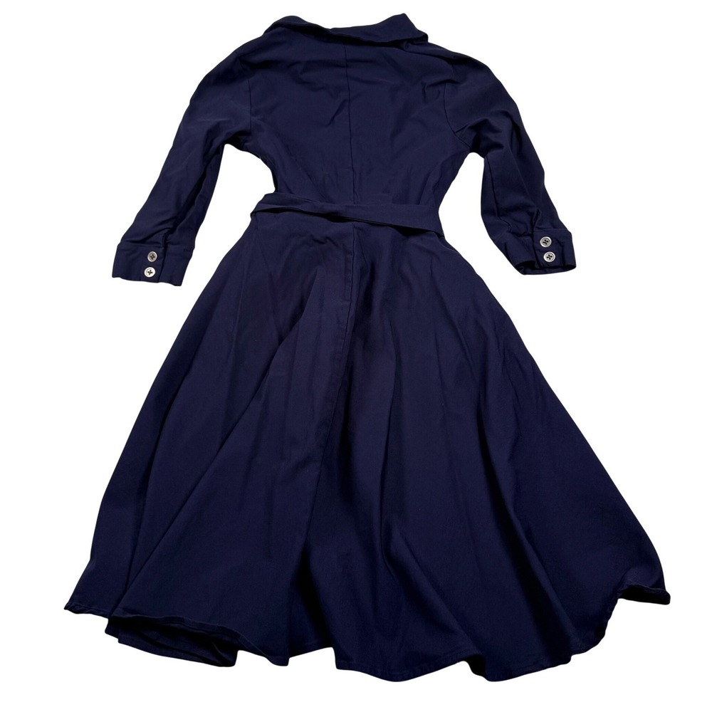 Modcloth Wrap Midi Dress Women Medium Navy Blue Collared Retro Flared Academia - Picture 2 of 6